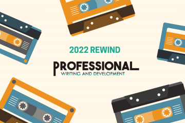 Radio cassettes enclose the words 2022 rewind for professional writing and development